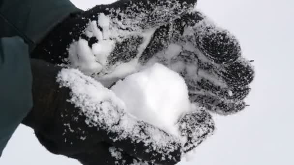 Female hands in black gloves hold white snow and make snowballs in the park in winter at winter day close up view — Stock Video