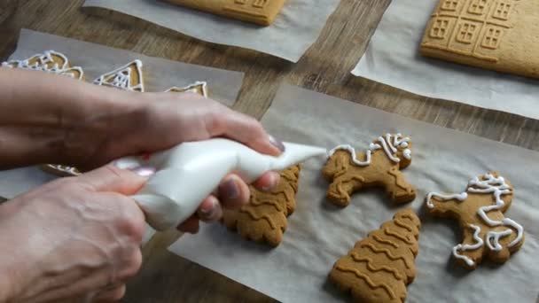 Prăjituri cu turtă dulce. Mâinile bucătarilor de sex feminin decorează cu gheață albă de zahăr și pungă de patiserie cu cal de turtă dulce la bucătăria de acasă. Tradiții de Anul Nou — Videoclip de stoc