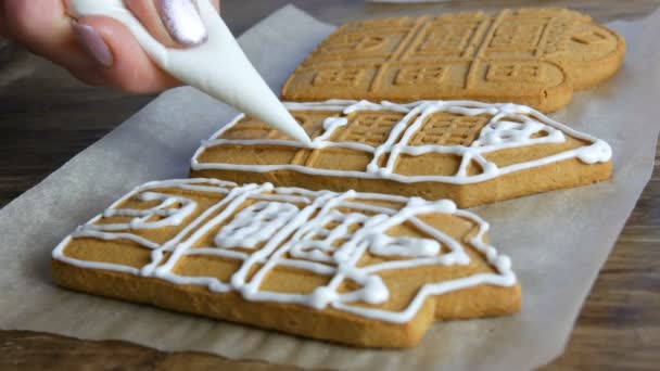 Brauner Lebkuchen. Köchinnen dekorieren mit weißem Zuckerguss und Teigtasche ein Lebkuchenhaus in der heimischen Küche. Neujahrstraditionen — Stockvideo