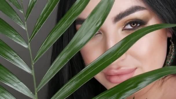 Bardzo piękna młoda kobieta model patrzy przez zielone liście palmy pozowanie w studio fotograficznym. Portret dziewczyny z jasnym wieczorem zadymionym makijażem oczu, ciemnymi włosami i brązowymi oczami patrzy w kamerę wokół — Wideo stockowe