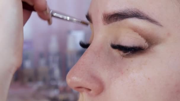 Grandes pestañas largas y falsas de una joven modelo femenina. Un cepillo de delineador especial dibuja una flecha sombreada en el maquillaje de los ojos — Vídeos de Stock