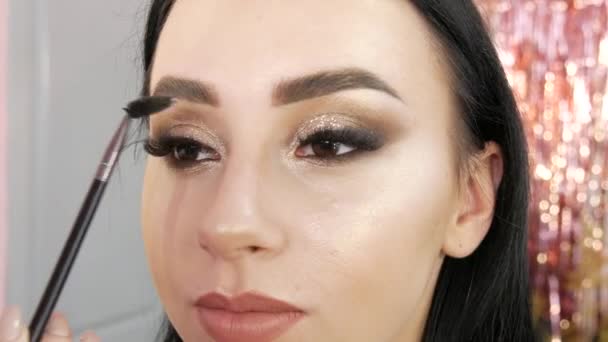 Die Make-up-Meisterin macht ein schönes Abend-Make-up für das Modelmädchen. Augenbrauenformen mit einem speziellen Pinsel — Stockvideo