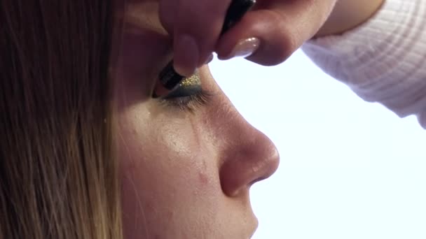 Визажист делает модели макияж глаз с помощью специальной кисти. Черный тонкий подводка для глаз создает прямую линию через глаз, чтобы подчеркнуть глубину взгляда — стоковое видео
