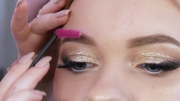 Augenbrauen-Styling am Ende des Make-ups, der spezielle Pinsel glättet die Haare — Stockvideo