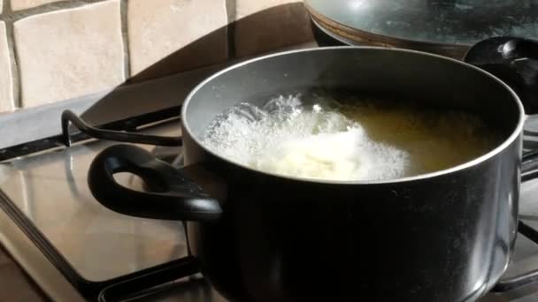 Cacerola negra en la estufa en la que se cocina y hierve la comida — Vídeo de stock