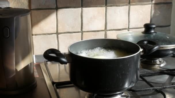 Cacerola negra en la estufa en la que se cocina y hierve la comida — Vídeo de stock