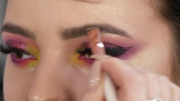 Brosse à crayon spéciale pour la mise en forme des sourcils. maquillage professionnel maquilleur fait maquillage à une jeune belle fille dans un studio de beauté — Video