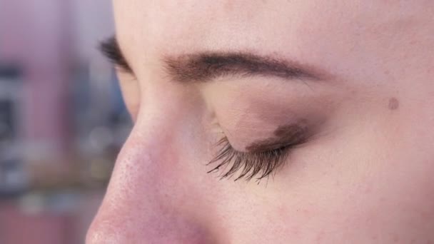 Beaux yeux expressifs d'une jeune mannequin féminine aux yeux fumés et brillants. Brosse de maquillage dédiée applique fard à paupières caméléon foncé scintillant — Video