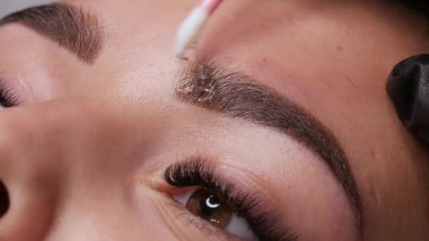 Appliquer un gel de fixation spécial avec un coton-tige. Un beau modèle jeune fille avec un maquillage permanent prêt à l'emploi pour les sourcils. Microblading, tatouage de maquillage permanent vue de près — Video