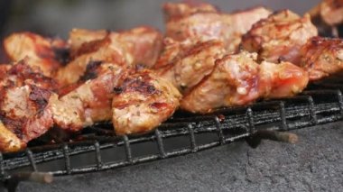 Barbeküde ızgara tabağına yakın çekim. Doğada shashlik pişirme süreci. BBC 'deki metal şişte lezzetli yemekler. Piknik zamanı. Sokak yemeği. Yemek festivali. Kazıkta domuz eti. Kızarmış domuz..