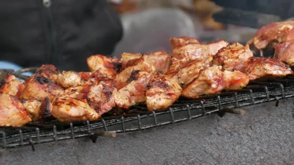 Close-up van grillschotel op barbecue. Proces van het koken shashlik in de natuur. Heerlijk eten op metalen spies in bbq. Tijd om te picknicken. Straatvoedsel. Voedselfestival. Varken op de brandstapel. Gebakken varkensvlees. — Stockvideo