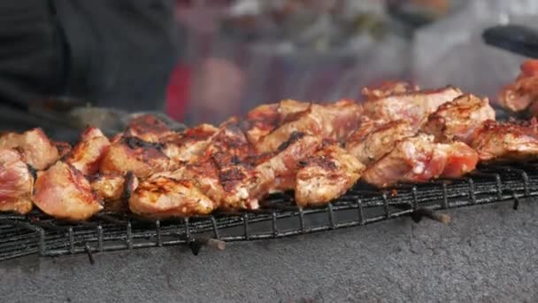 Shish kebab. Vepřové nebo jehněčí maso se smaží na grilu na dřevěném uhlí. Smažení grilovaných kousků masa během zbytku. Pouliční jídlo. Festival jídla. Vepřové na hranici. Smažené vepřové. — Stock video