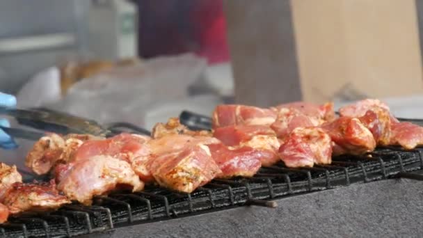 バーベキューのグリル料理のクローズアップ。特別なトングで肉を回します.bbqの金属串においしい料理。ピクニックのコンセプトに時間。ストリートフード。フードフェスティバル。ステークで豚肉。チャーシュー. — ストック動画