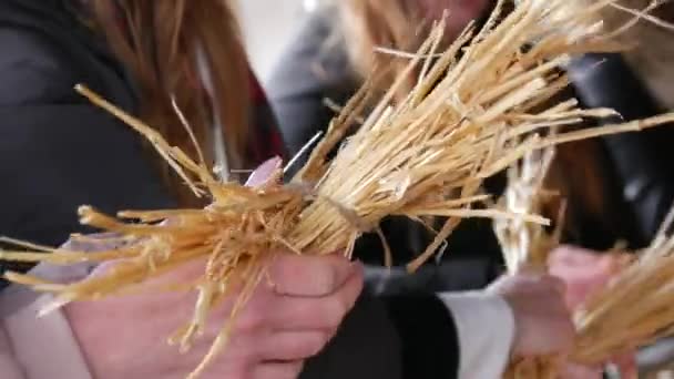 Vrouwen weven motanka poppen van stro als talisman in de Slavische cultuur voor de Maslenitsa vakantie — Stockvideo