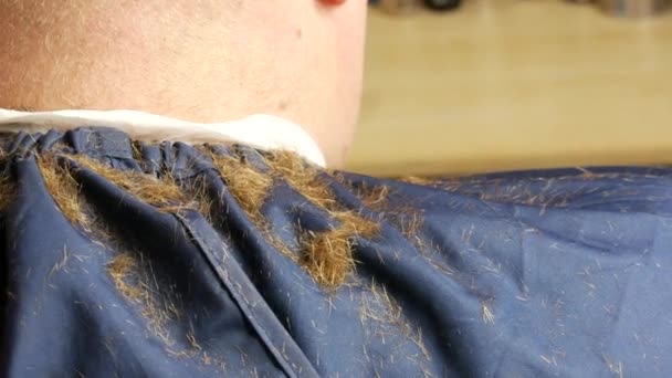 Kvinnliga frisör rakar med en elektrisk rakkniv frisyrer till rödhårig man klient i en professionell frisör skönhetssalong — Stockvideo