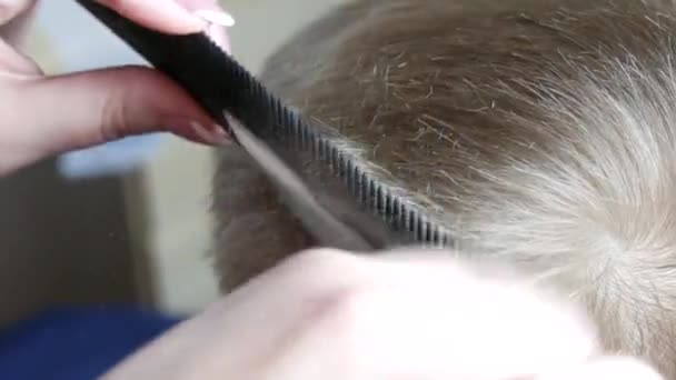 De kappers vrouwen handen met de hulp van speciale schaar knippen de jongens blond haar, het corrigeren van zijn kapsel met een kam close-up uitzicht — Stockvideo