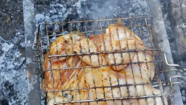Весь сочный со специями жареный цыпленок табака или тапака на летнем пикнике — стоковое видео