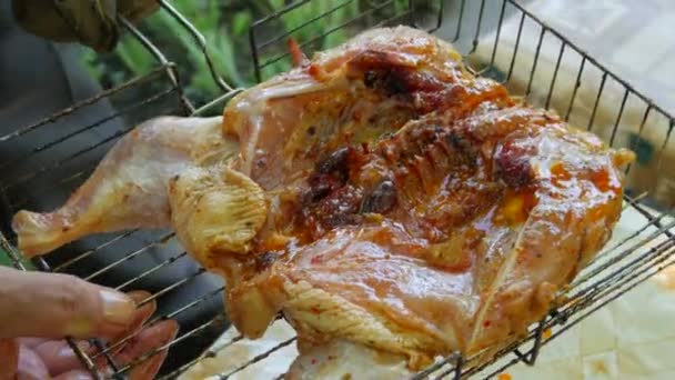 Whole juicy with spices grilled chicken tabaka or tapaka at summer picnic — Stock Video