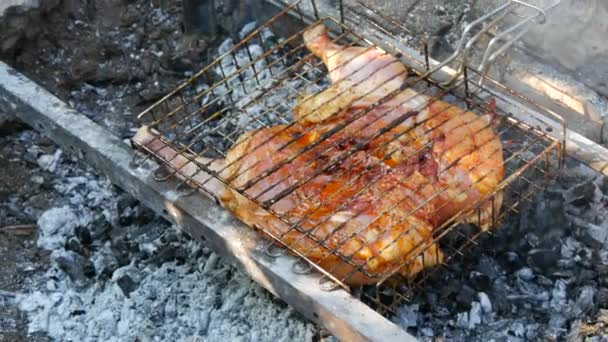 Whole juicy with spices grilled chicken tabaka or tapaka at summer picnic — Stock Video