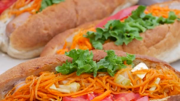 Eine Reihe Hotdogs und Sandwiches mit Salat, Karotte, Wurst, Soße, auf dem Street-Food-Festival, Junkfood — Stockvideo