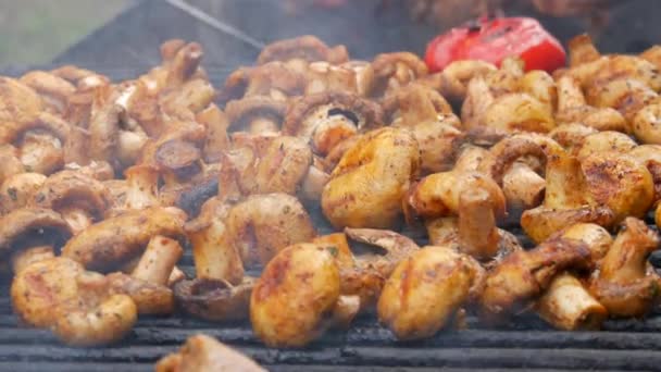 Lezzetli ızgara mantarlar sokak yemekleri festivali ve barbekü dükkanında — Stok video