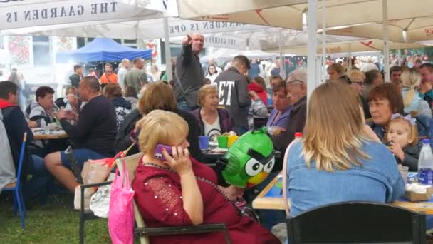 4 września 2021 - Petrykowka, Ukraina: Street food festival food court, gdzie jest wiele osób siedzących przy stołach i jedzących, świętujących na świeżym powietrzu — Wideo stockowe