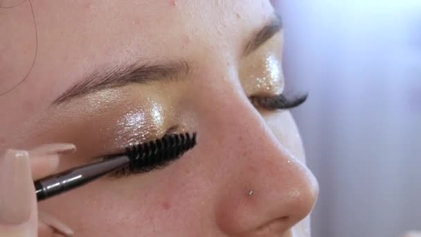 Estilista maquillaje artista pinta pestañas a una joven hermosa modelo — Vídeos de Stock