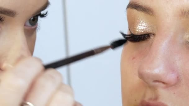Estilista maquillaje artista pinta pestañas a una joven hermosa modelo — Vídeos de Stock
