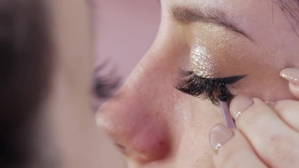 Στυλίστρια make-up καλλιτέχνης ζωγραφίζει βλεφαρίδες σε ένα νεαρό όμορφο κορίτσι μοντέλο — Αρχείο Βίντεο