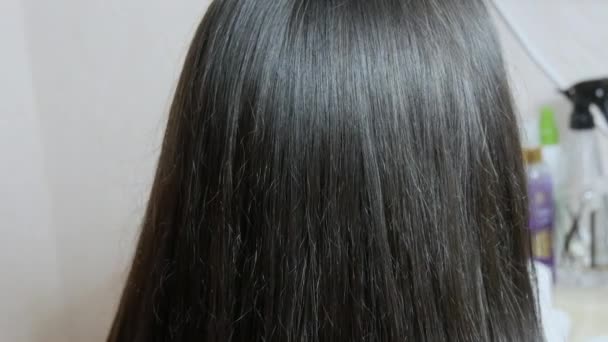 長く健康的で光沢のある濃い色の若い女性の髪 — ストック動画
