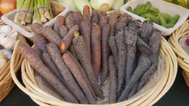 Güney Fransa 'da bir pazarda satılan taze toplanmış mor havuçların yakın çekimi. Yerel organik ürünler Provence mutfağında tipik