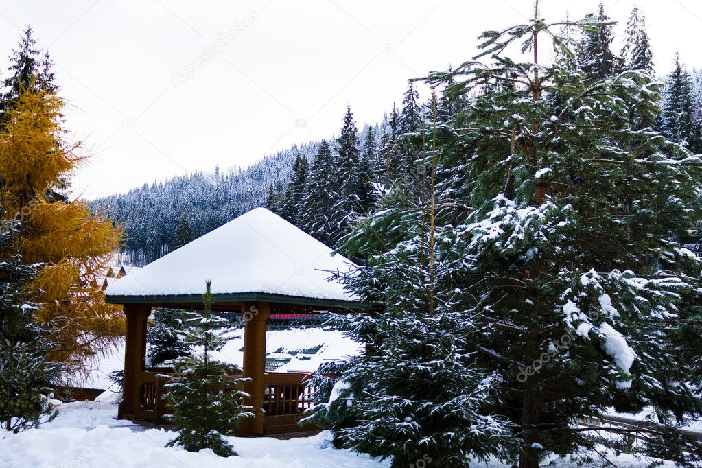 Snow-covered arbor in the mountains