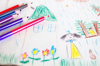 Childs çizim ve renkli kalemler