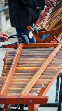 Batı Java Endonezya 'dan seçici odaklı bambu tarafından yapılan geleneksel müzik aletleri