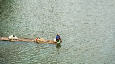 Geleneksel balıkçı bambu salını kullanarak nehirde balık arıyor.