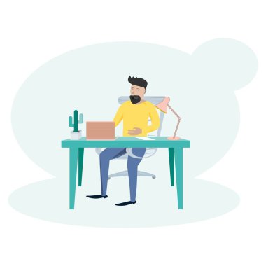 İş yeri. Genç adam. İş yeri konsepti. Neşeli ve neşeli bir karakter. Sandalyedeki eşyalar..