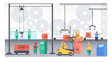 Vektör çizimi. Fabrika işçileri. Endüstriyel taşıma hattının karton kutuları. Fabrika inşaat makineleri teknolojik ekipmanlar, mühendislik yapısı çizimi çizimi.