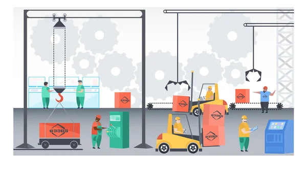 Ilustração Vetorial Trabalhadores Fábrica Caixas Papelão Linha Transportadora Industrial Maquinaria —  Vetores de Stock