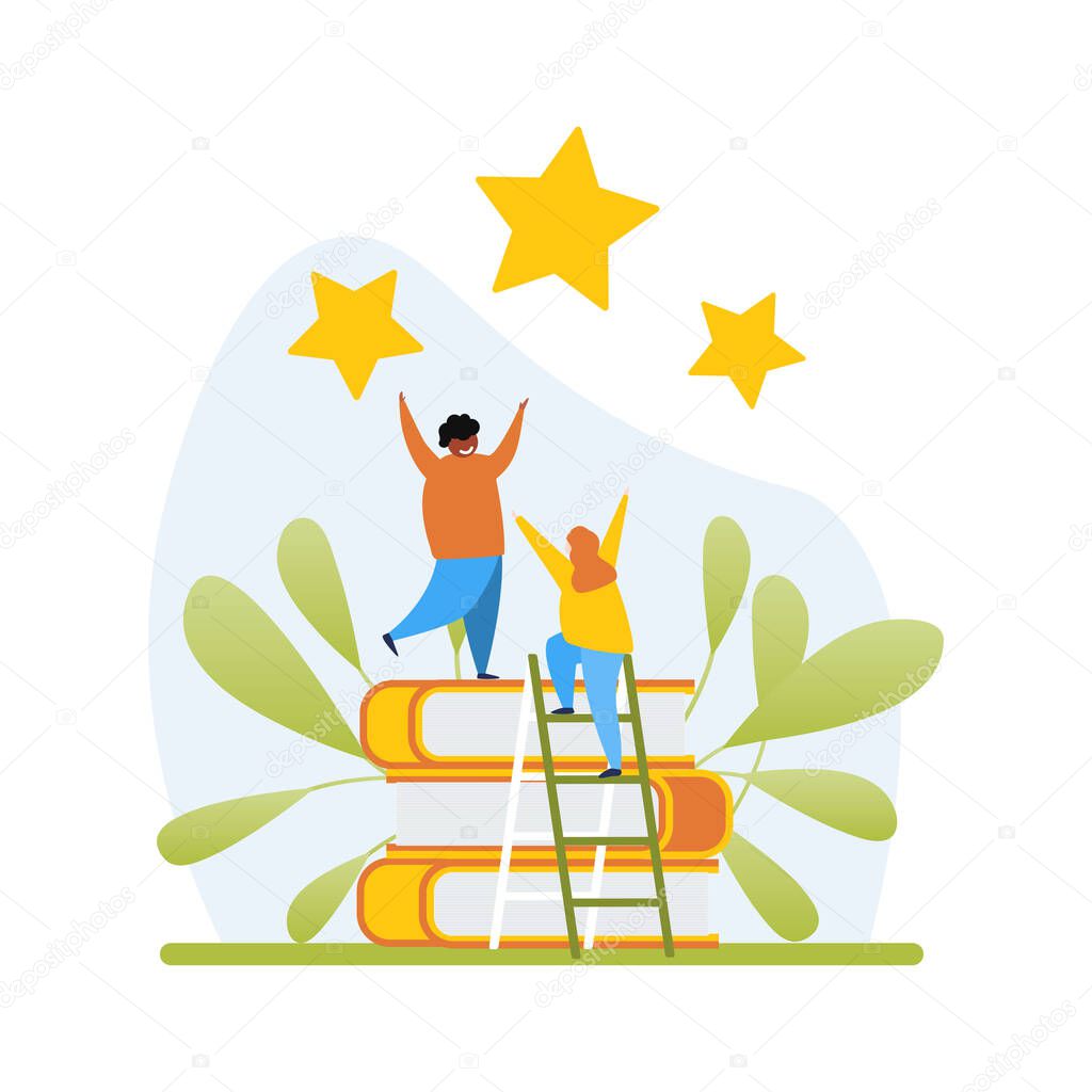 Diverse Students Group Walking Education Stairs. Metaphor Success Studding Poster. Achievement, Personal Advancement, Growth. Stars, Credential and Graduate Cap on Ladder Top. Vector Flat illustration