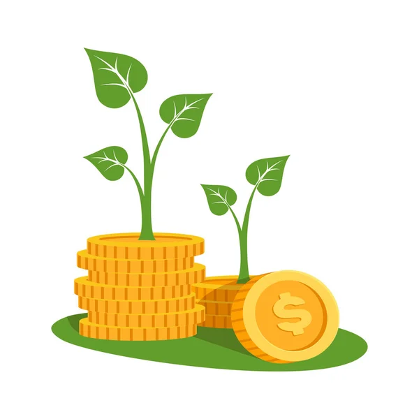 Financial Investments Money Savings Concept Stacks Coins Plants Growing Flat — Stock Vector