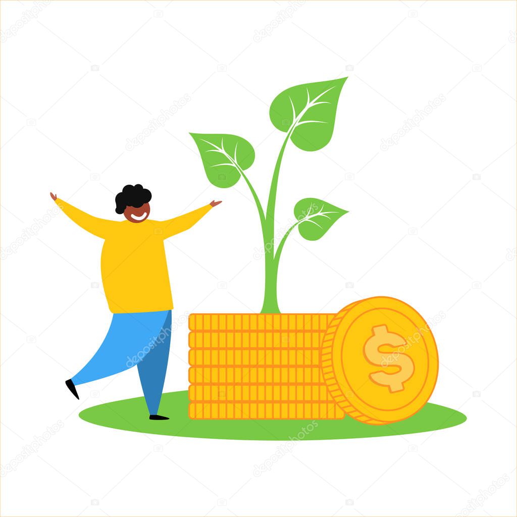 Eco Business Corporate Social Responsibility, Green Co2 Tax Concept. Businessman Character Holding Huge Golden Coin, at Money Piles with Green Plant Sprouts Growing on Top.