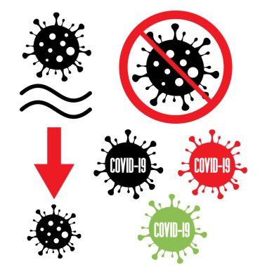 Coronavirus 'un viral parçacığı ve ikinci dalgası. Bulaşıcı hastalık ve bulaşıcı enfeksiyon. Salgın, salgın ve salgın istatistikleri. Vektör illüstrasyonu. Rozetler..