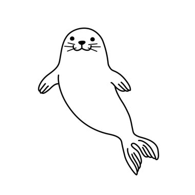 Suda yüzen ve gülümseyen mutlu kürk foku. Vektör el, beyaz arka planda izole edilmiş karalama ikonu çizdi. Okyanus hayvanı çizimi..