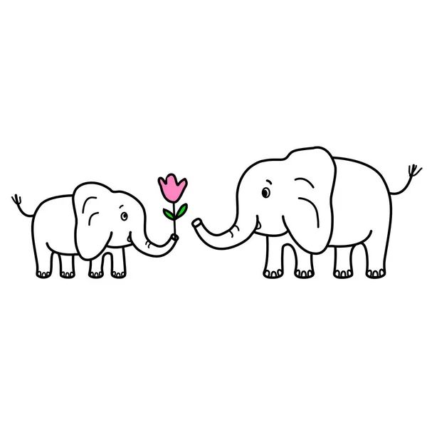 Baby Elephant Gives Pink Flower Elephant Mom Cute Hand Drawn — Stock Vector