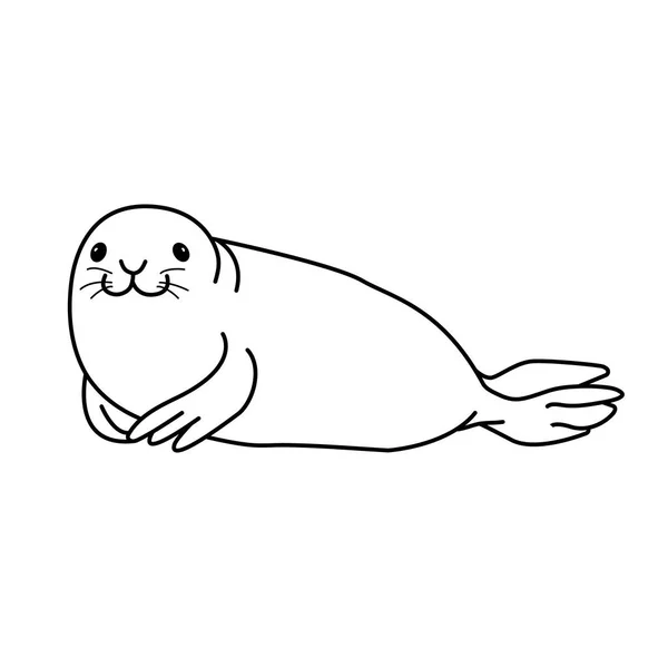 矢量手绘轮廓涂鸦图标毛皮密封隔离在白色背景 快乐的海豹躺在海滩上笑着 海洋动物图解 — 图库矢量图片