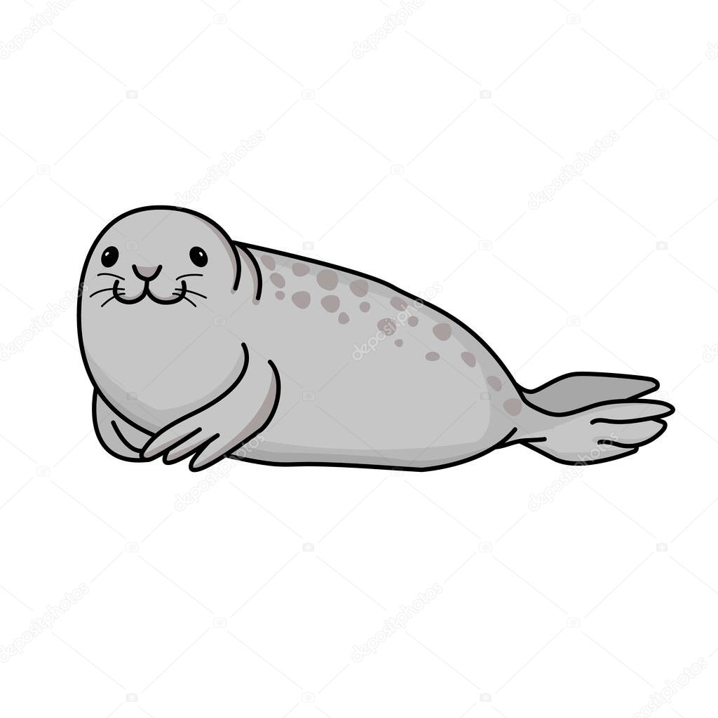 Vector hand drawn outline doodle icon fur seal isolated on white background. Happy gray seal lying on the beach and smiling. Ocean animal illustration.