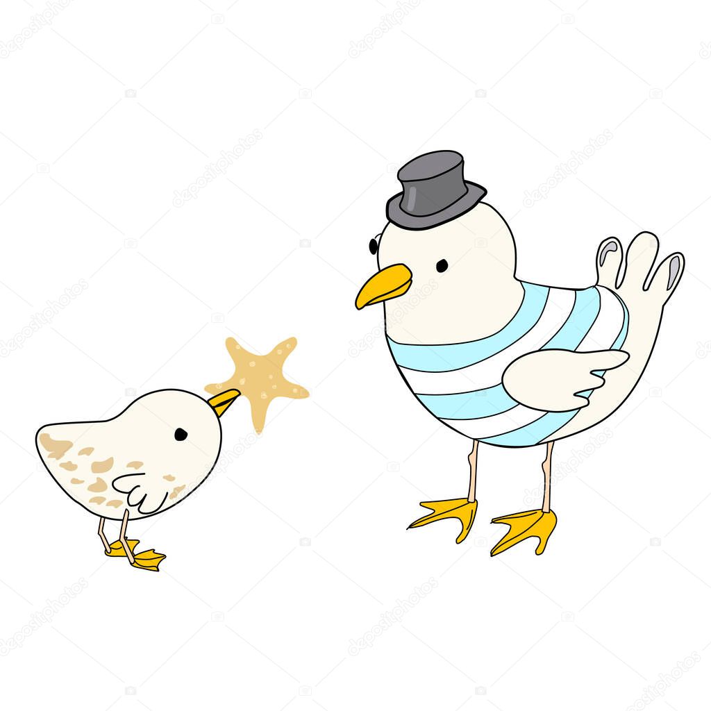 Happy Father's day cartoon vector illustration isolated on white background.Cute seagull chick congratulates father gull and gives him a starfish as a present.Can be used for greeting cards, decor.