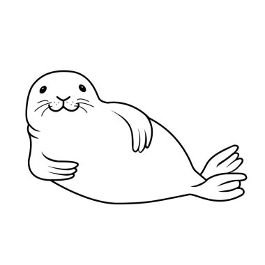 Vektör el çizimi beyaz arka planda izole edilmiş karalama çizimi kürk mührü. Sahilde yatan ve gülümseyen mutlu fok. Şirin okyanus hayvanı siyah-beyaz çizimi.