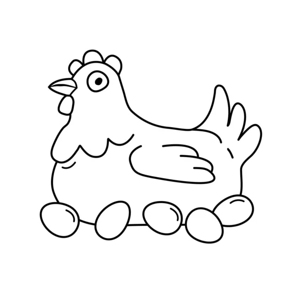 Uma Galinha Gira Sentada Nos Ovos Ilustração Vetor Doodle Desenhado — Vetor de Stock