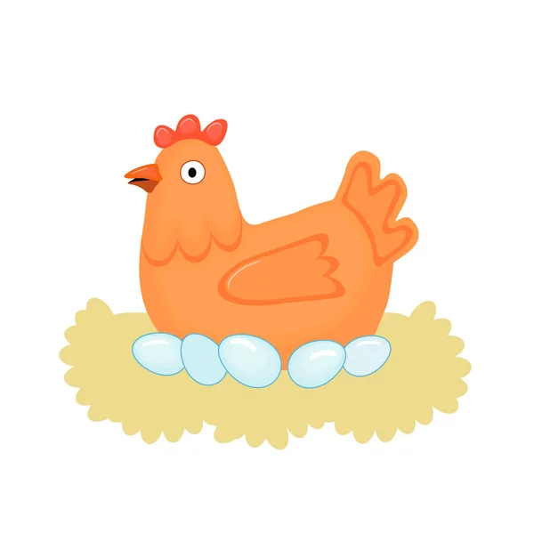 Милая Счастливая Курица Сидит Яйцах Соломенном Гнезде Мультфильм Векторные Иллюстрации — стоковый вектор
